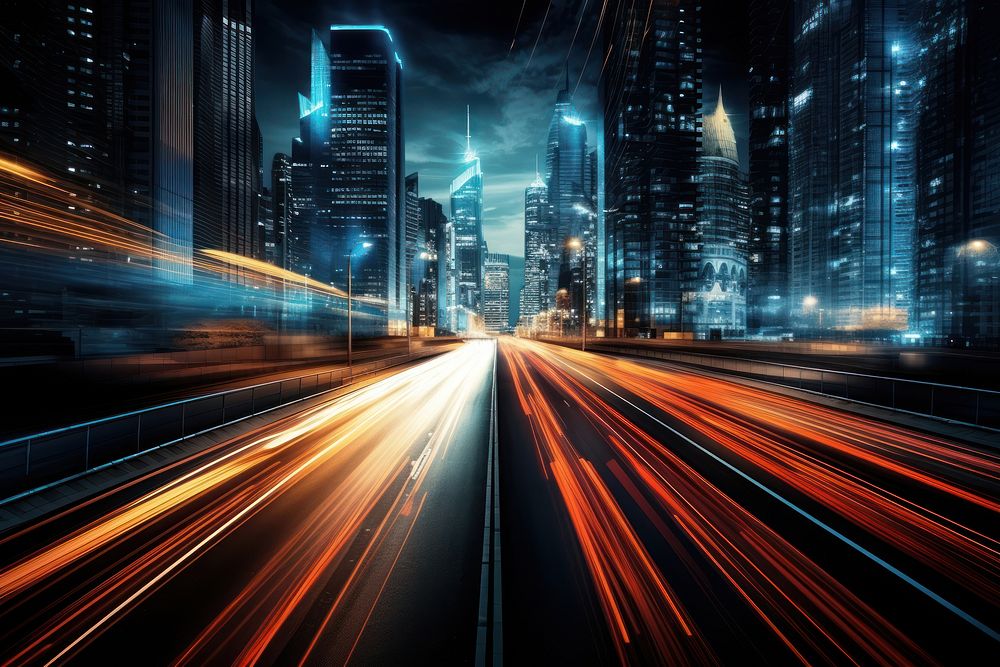 Cars speed through city night architecture metropolis. AI generated Image by rawpixel.