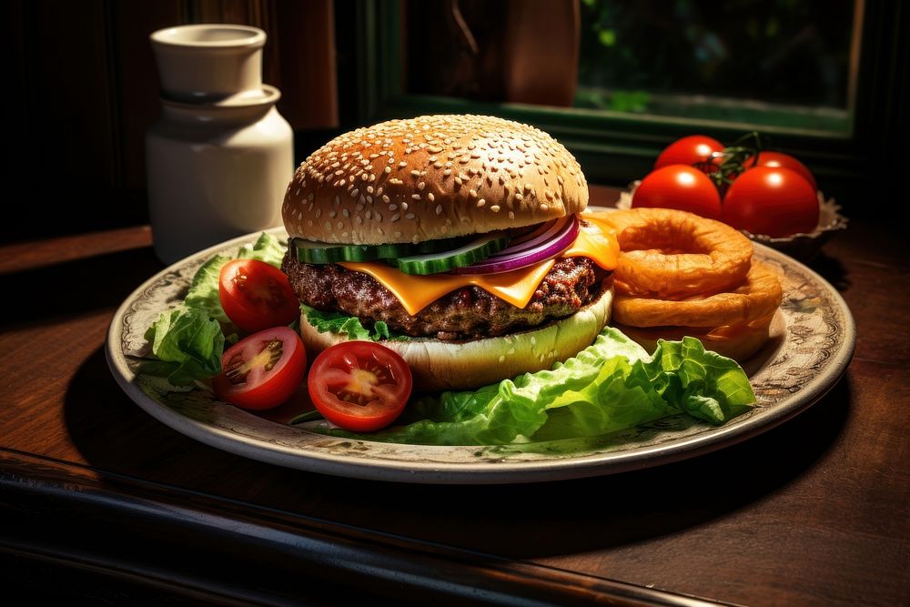 Cheesebuger plate food restaurant. AI generated Image by rawpixel.