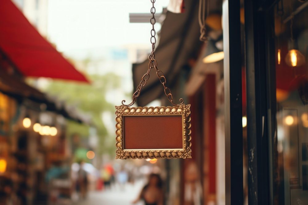 Sign hanging street store. 