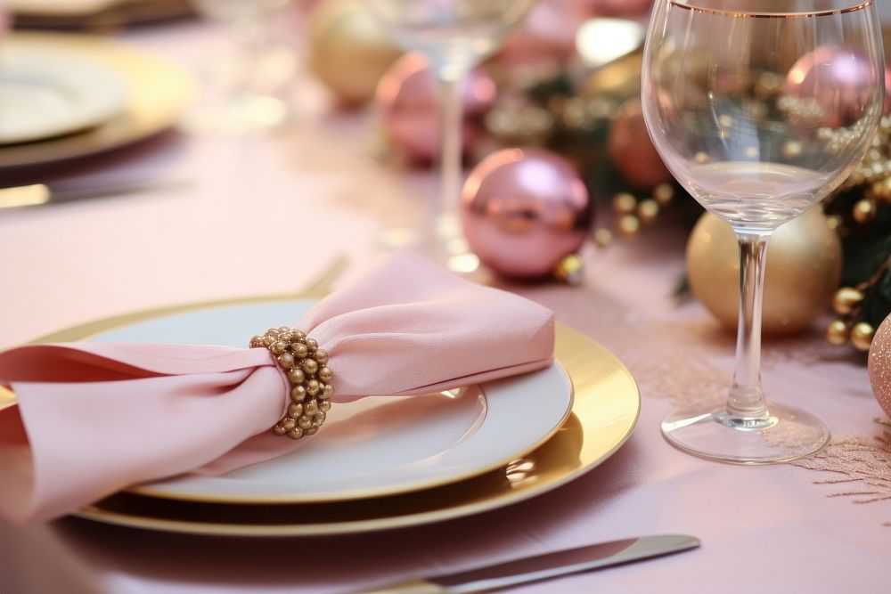 Pink gold Christmas table setting tableware. AI generated Image by rawpixel.