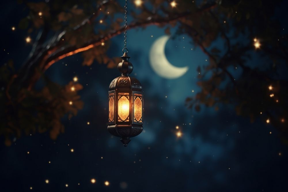 Hanging Glowing Ramadan celebration lantern lighting nature night. AI generated Image by rawpixel.