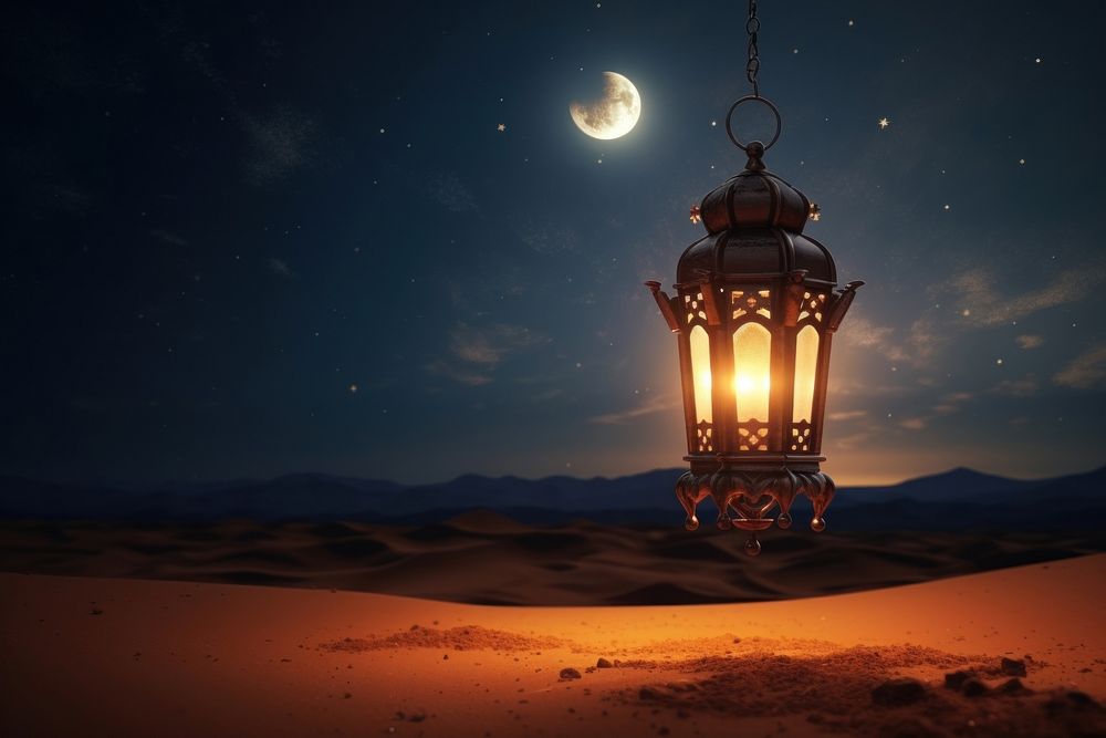 Hanging Glowing Ramadan celebration lantern lighting night moon. 