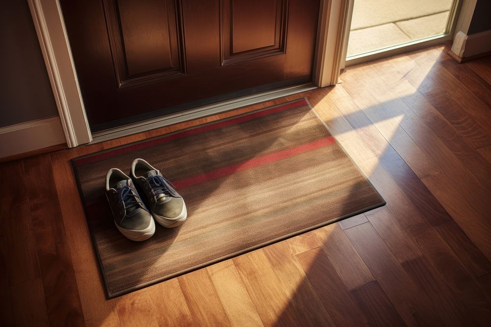 Welcome mat on a house wood floor with shoes and boxes flooring hardwood footwear.