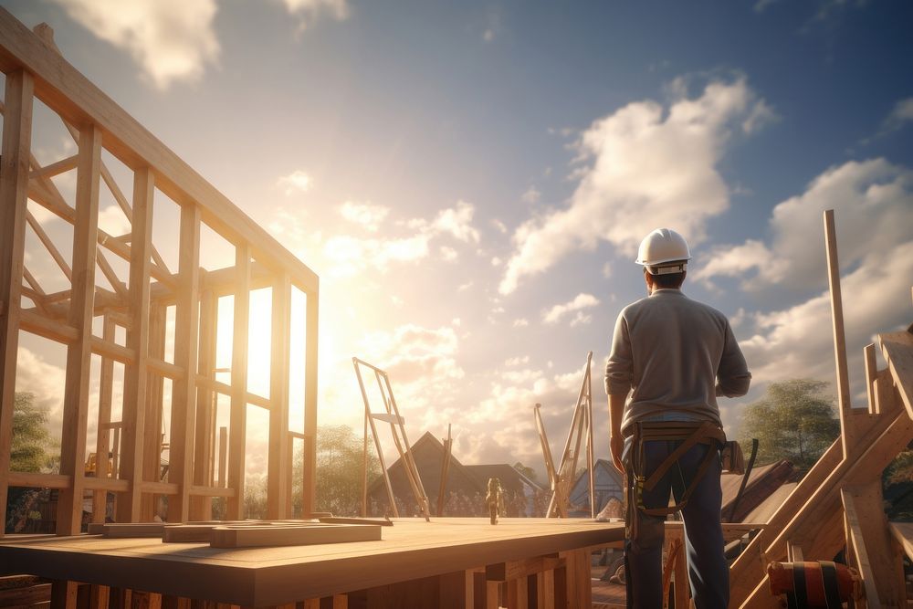A wooden house frame engineer construction adult sky. AI generated Image by rawpixel.