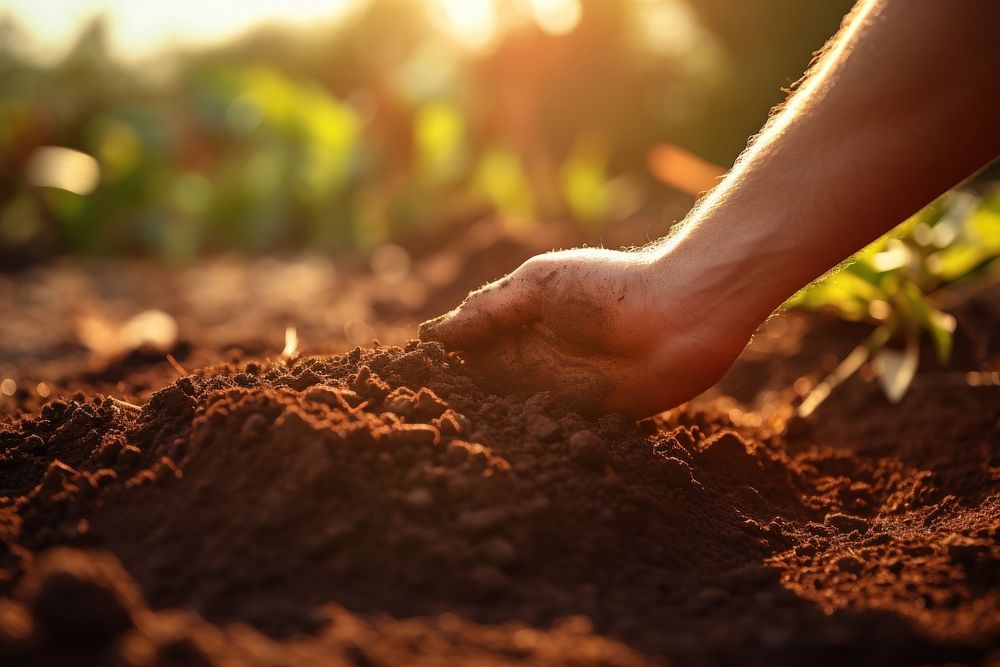 A hand checking soil quality gardening outdoors nature. AI generated Image by rawpixel.