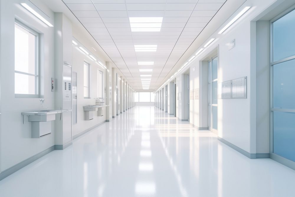 A long hospital bright white brown corridor architecture flooring building. AI generated Image by rawpixel.