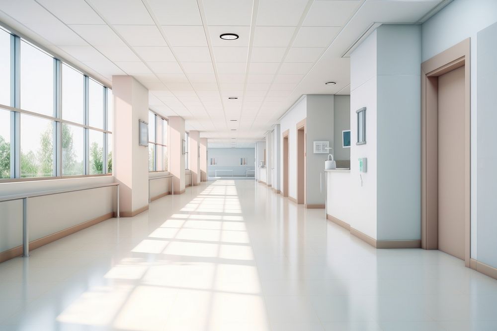 A long hospital bright white brown corridor architecture building headquarters. AI generated Image by rawpixel.