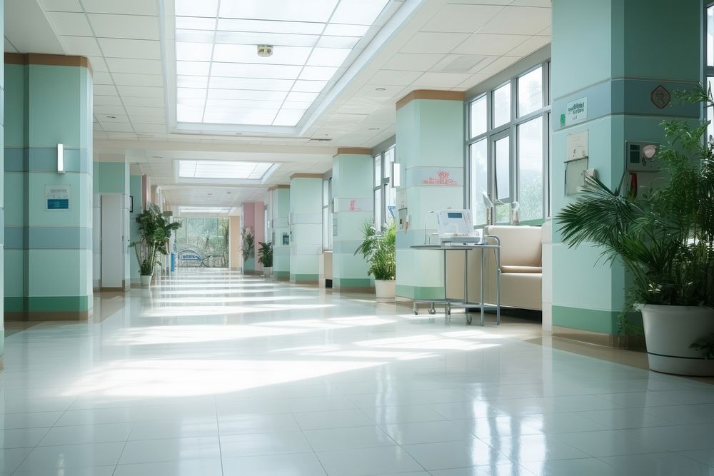 A long hospital bright cozy corridor architecture building flooring. AI generated Image by rawpixel.