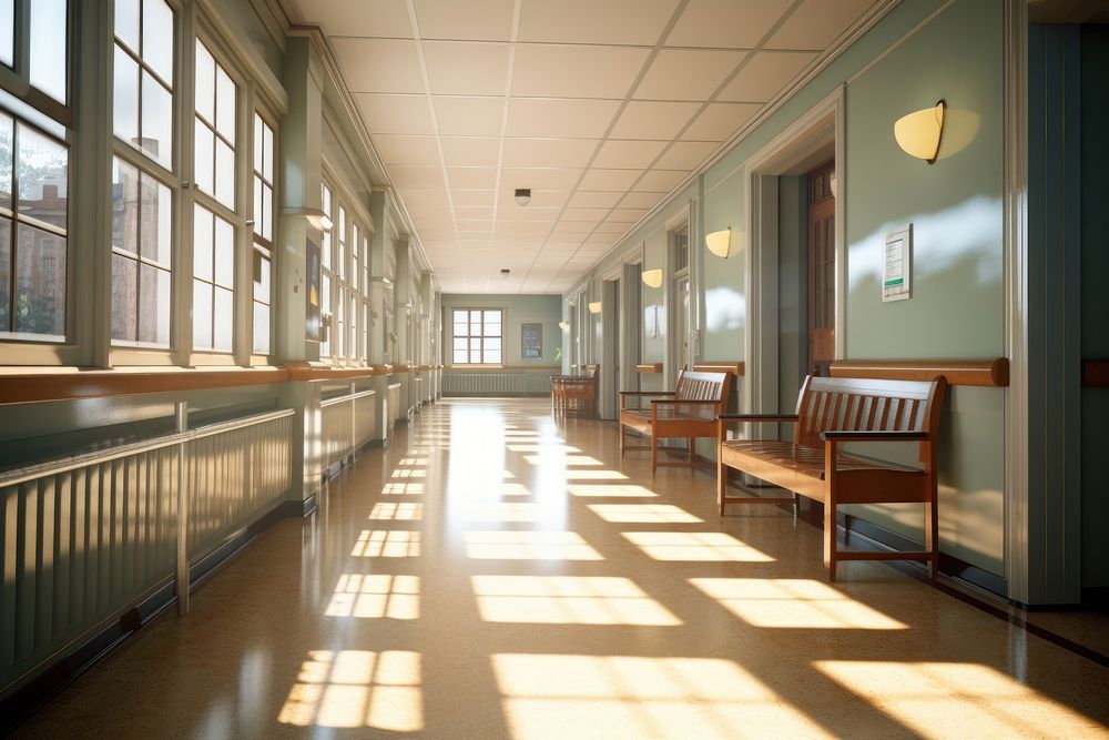 A long hospital bright cozy corridor architecture furniture flooring. AI generated Image by rawpixel.