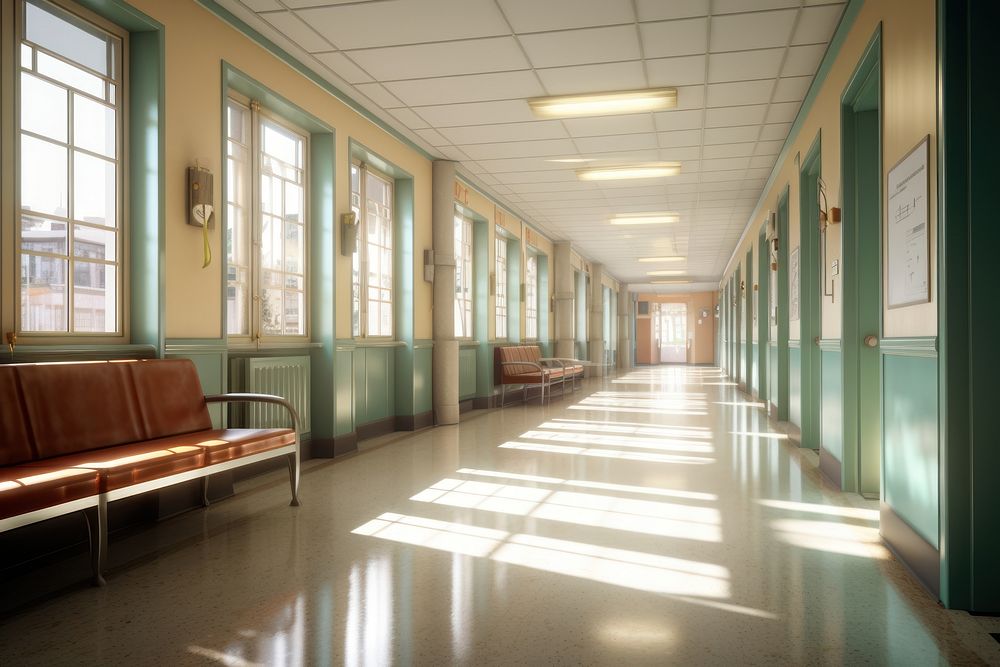 A long hospital bright cozy corridor architecture furniture building. AI generated Image by rawpixel.