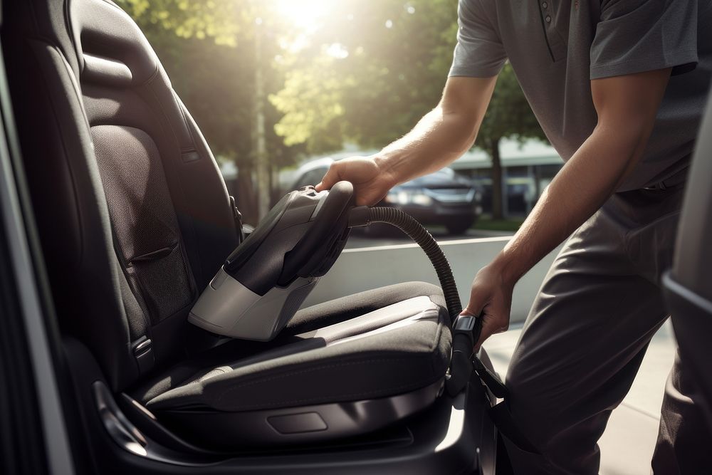 A person vacuuming a black car seat vehicle adult day. AI generated Image by rawpixel.