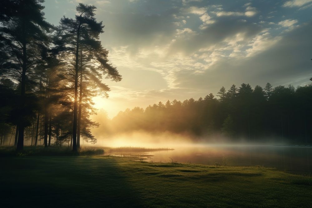 Nature fog landscape sunlight. AI generated Image by rawpixel.