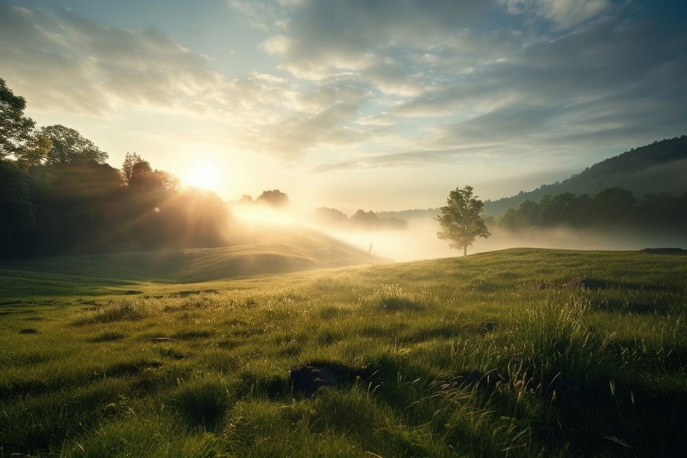 Nature grass sun landscape. AI generated Image by rawpixel.