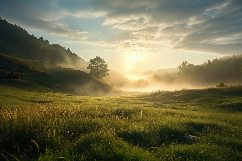 Nature grass sun landscape. AI generated Image by rawpixel.