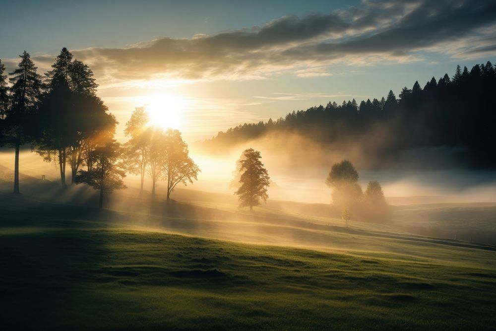 Tree fog landscape sunlight. 