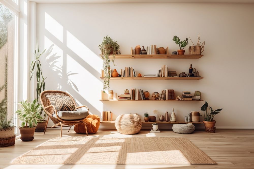 Minimal boho style Interior room decorated plant furniture bookshelf. AI generated Image by rawpixel.