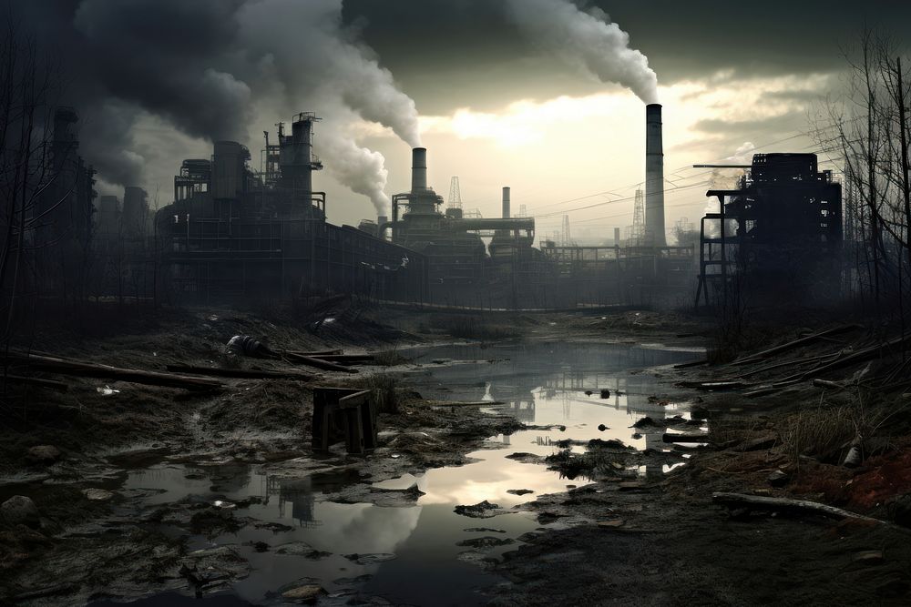 Factory industry building pollution architecture transportation destruction. AI generated Image by rawpixel.