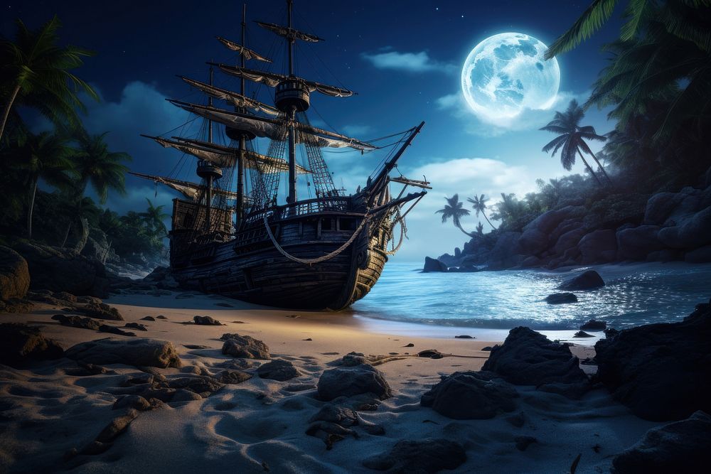 Pirate shipwreck beach land astronomy. 