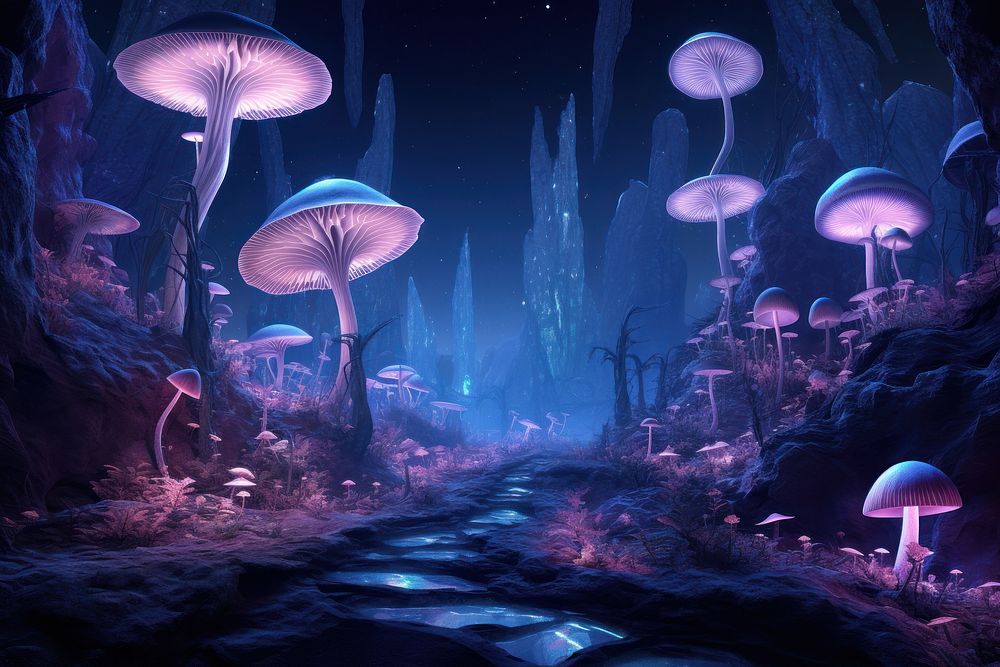 Neon mushroom mountains outdoors nature forest. AI generated Image by rawpixel.