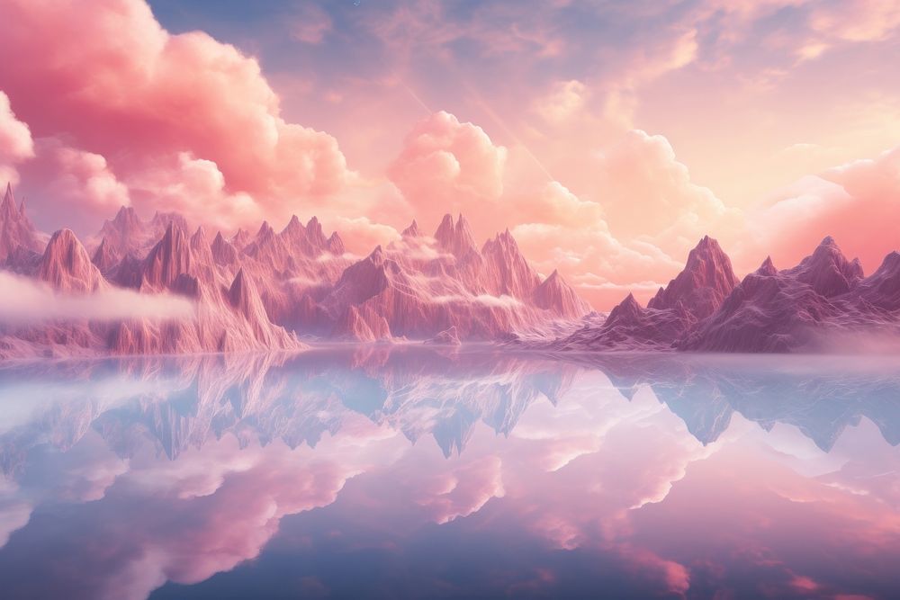 Pink pastel cloud mountains landscape reflection panoramic. AI generated Image by rawpixel.