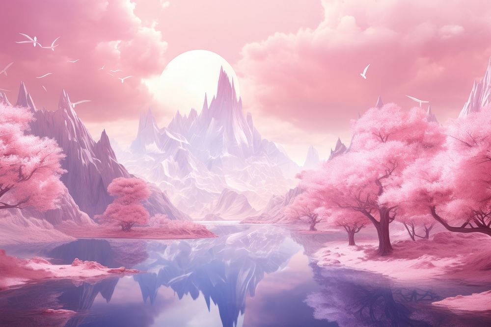 Pink pastel mountains landscape reflection outdoors. AI generated Image by rawpixel.