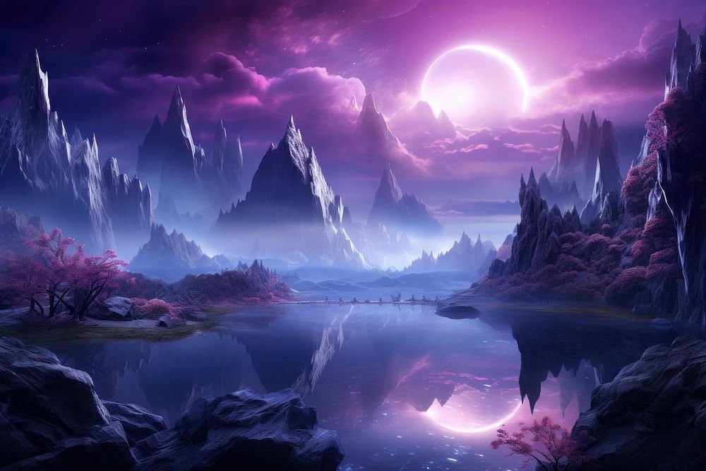 Purple mountains landscape reflection astronomy. AI generated Image by rawpixel.