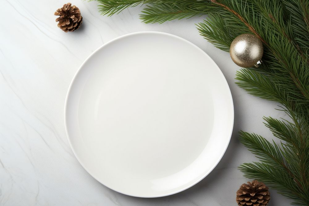 White plate mockup Christmas tableware. 