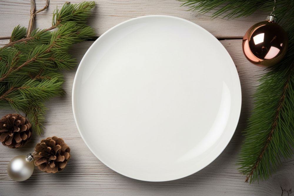 White plate mockup Christmas tableware. 