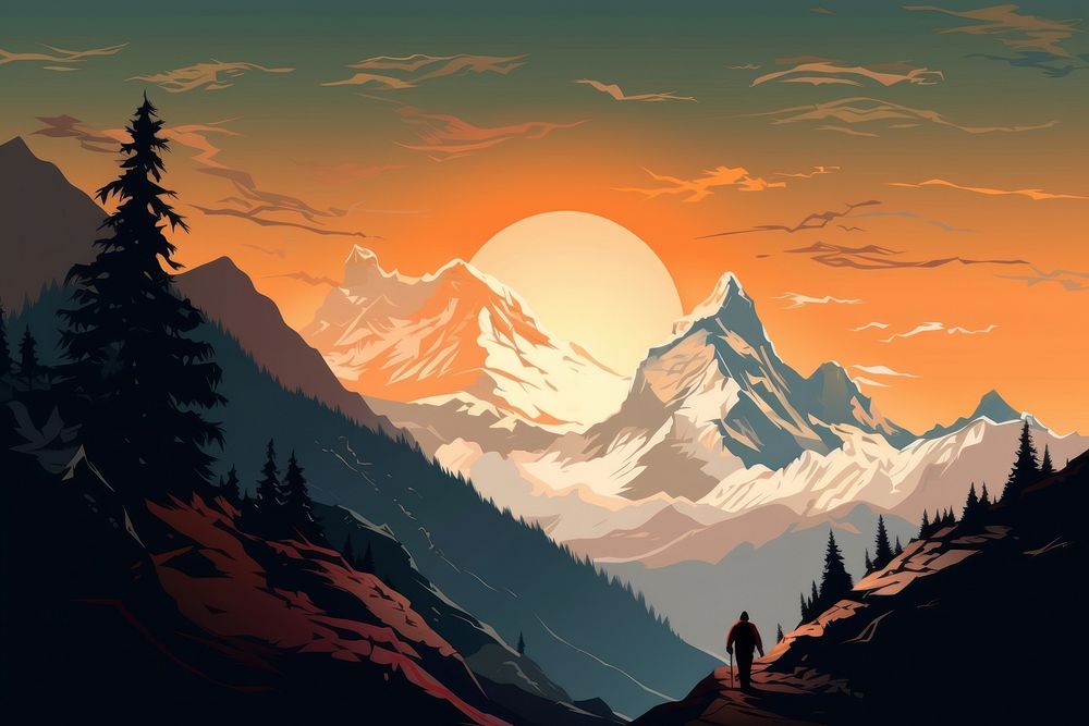 Mountain silhouettes hiking mountain wilderness landscape. AI generated Image by rawpixel.