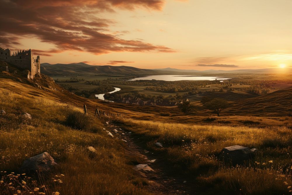 Medieval empty landscape outdoors sunset nature. AI generated Image by rawpixel.