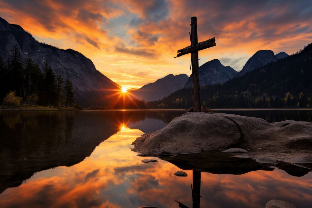 Sunset reflects christian cross mountain sunset landscape outdoors. AI generated Image by rawpixel.