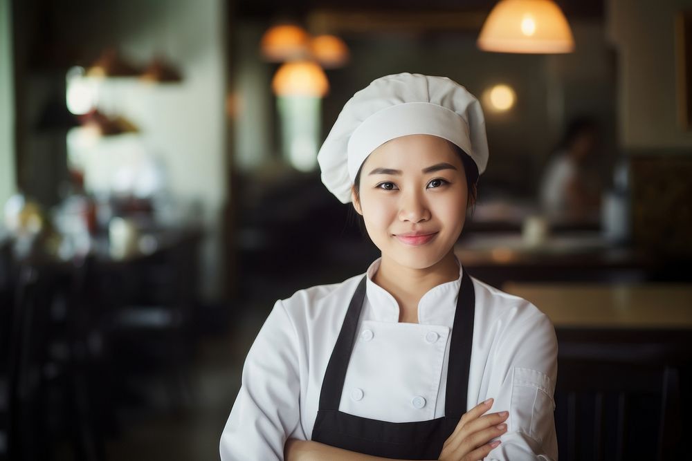 Female asian chef restaurant portrait happiness. 