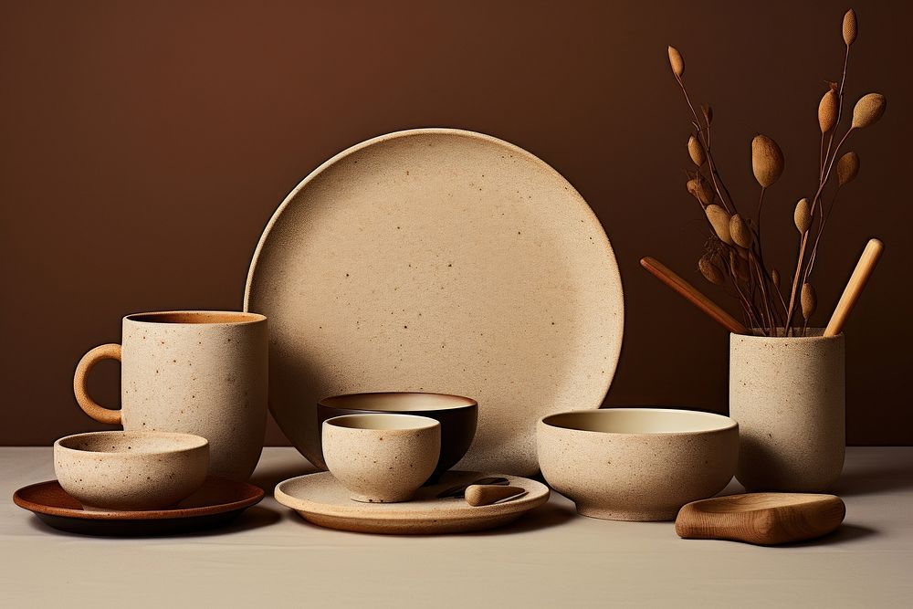 Ceramic tableware set porcelain pottery saucer. AI generated Image by rawpixel.