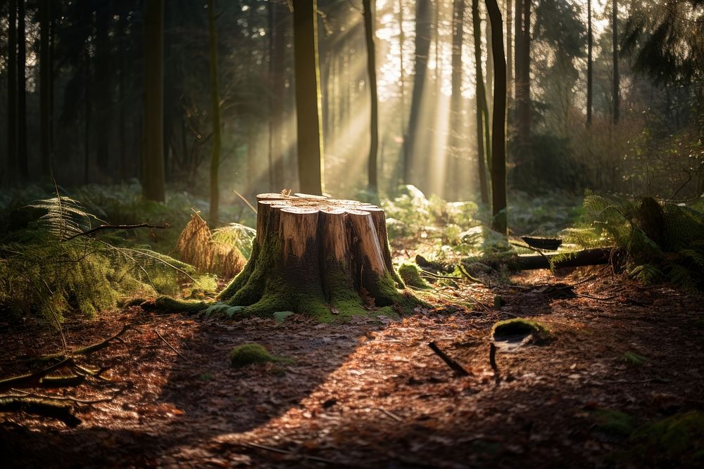 Tree stump woodland sunlight outdoors. AI generated Image by rawpixel.