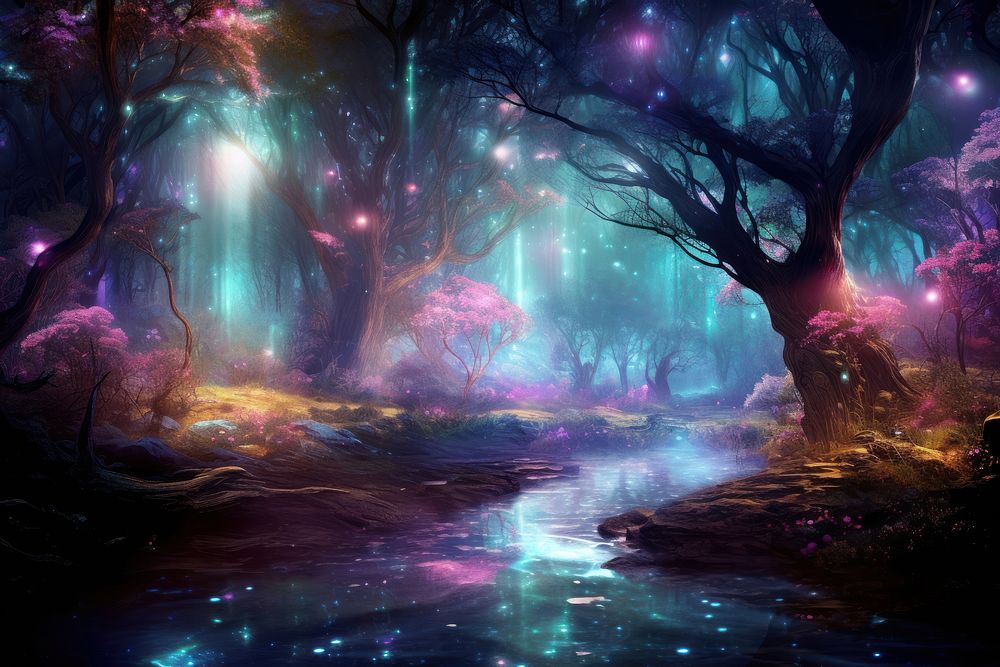 Magical forest night outdoors fantasy. AI generated Image by rawpixel.