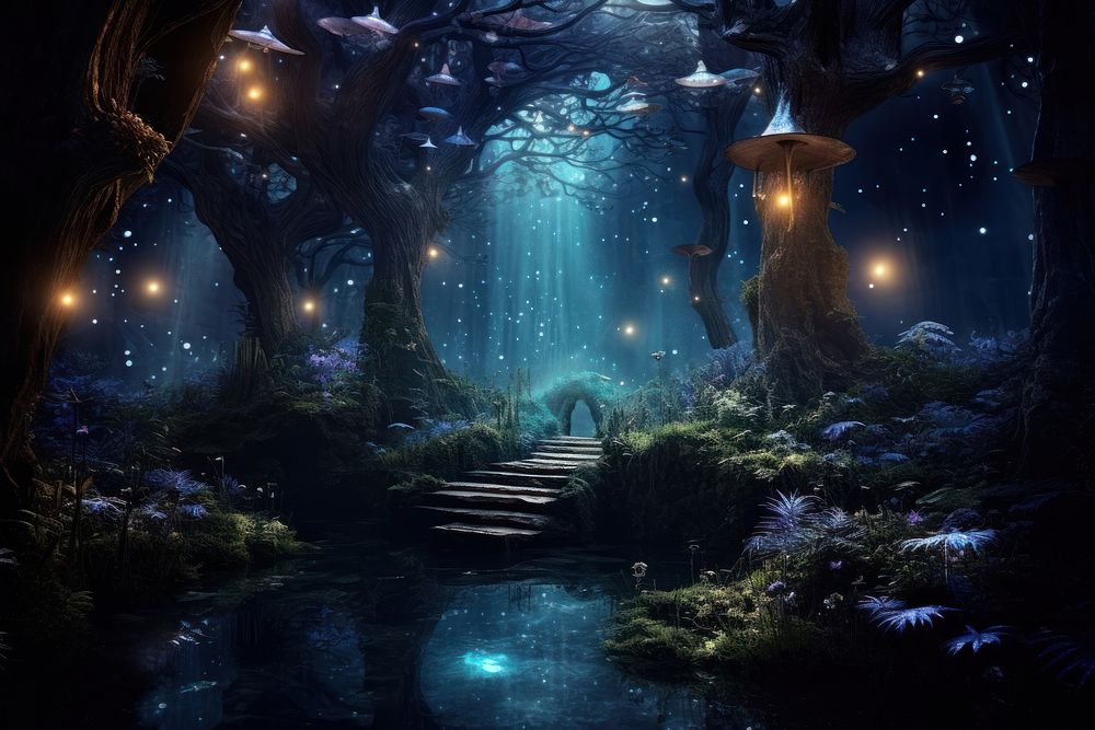Magical forest night outdoors fantasy. 