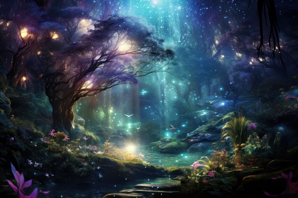 Magical forest night outdoors fantasy. AI generated Image by rawpixel.