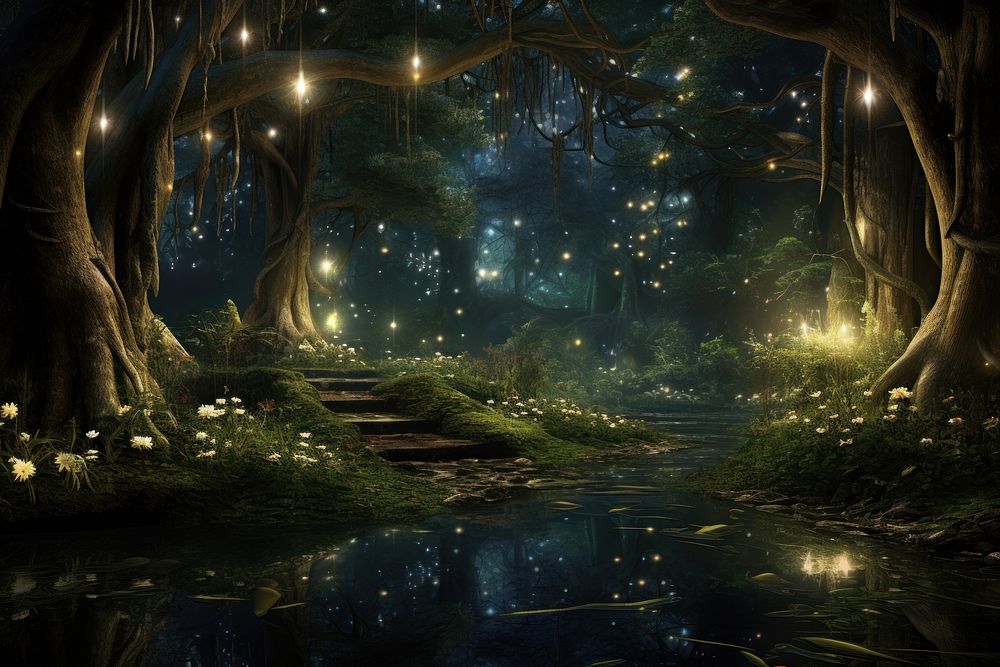 Light and forest - night , anime background , illustration
