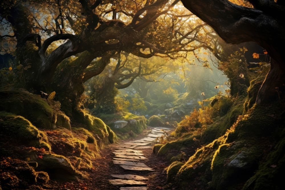Magical forest landscape sunlight outdoors. AI generated Image by rawpixel.