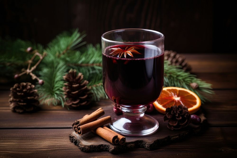Christmas drink glass food wood. AI generated Image by rawpixel.