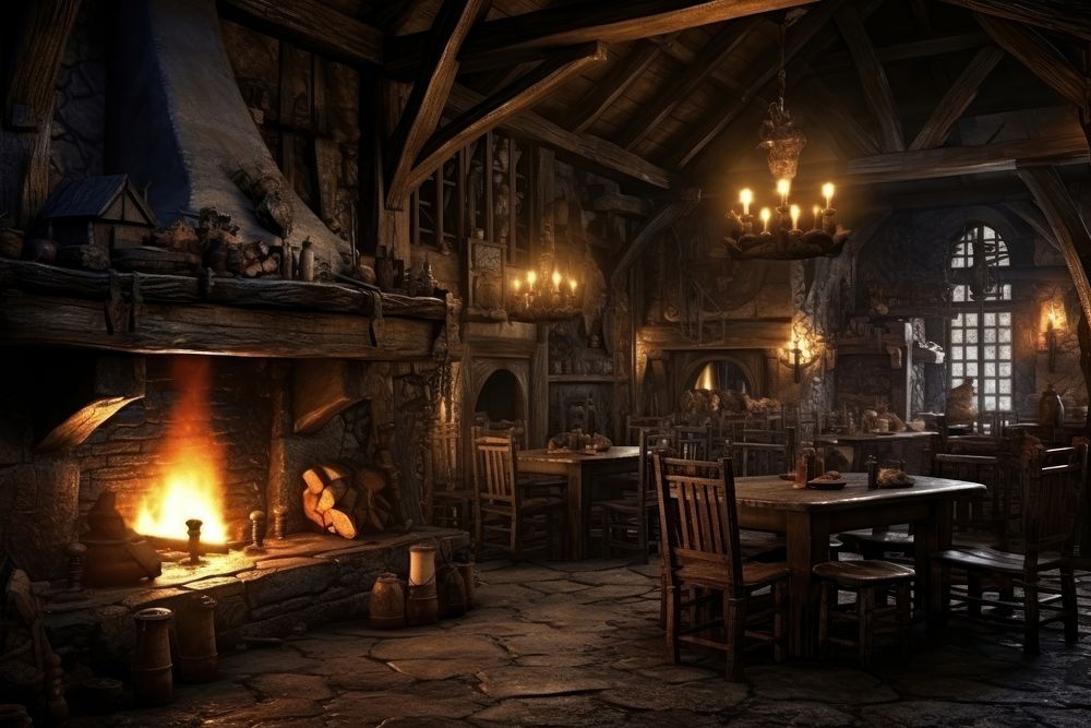 Medieval tavern architecture fireplace furniture. AI generated Image by rawpixel.
