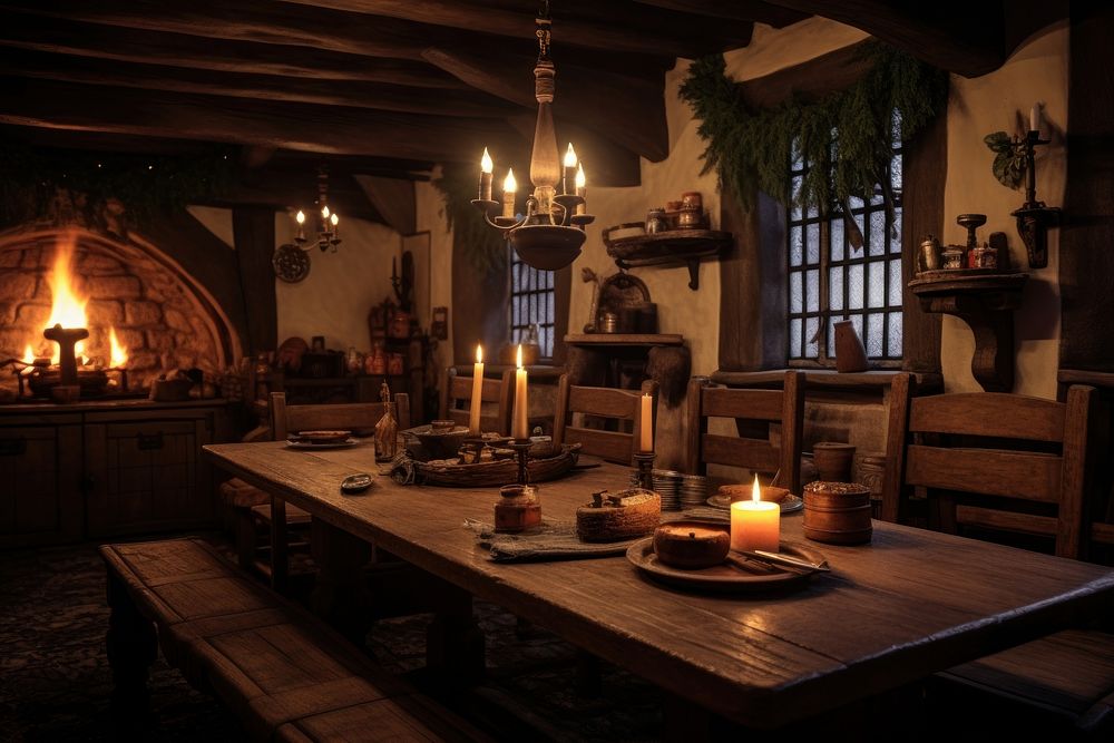 Medieval tavern candle architecture fireplace. AI generated Image by rawpixel.