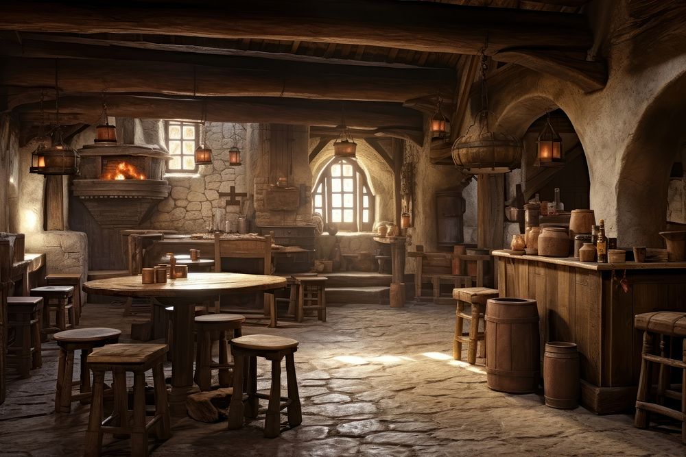 Medieval tavern architecture furniture building. 