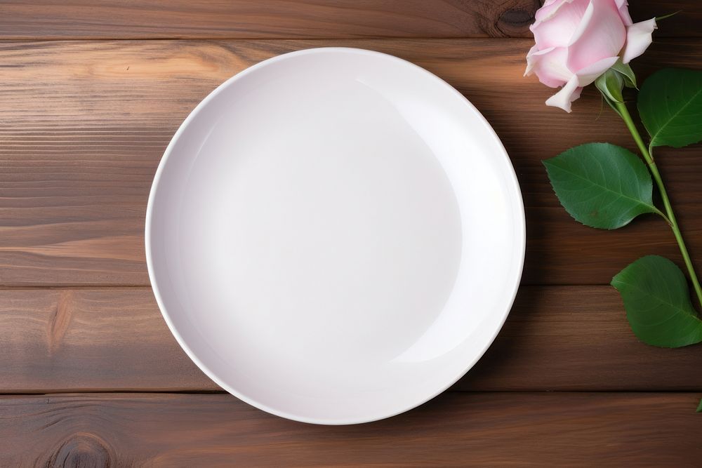 Flower white plate mockup wood background rose. AI generated Image by rawpixel.