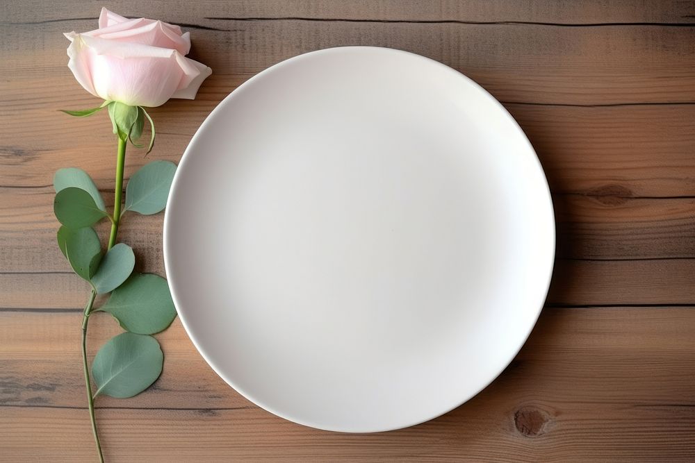 Flower rose white plate mockup wood background. AI generated Image by rawpixel.