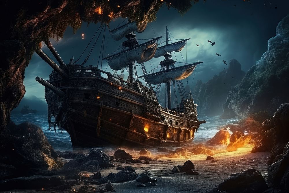 Pirate shipwreck outdoors vehicle fantasy. AI generated Image by rawpixel.
