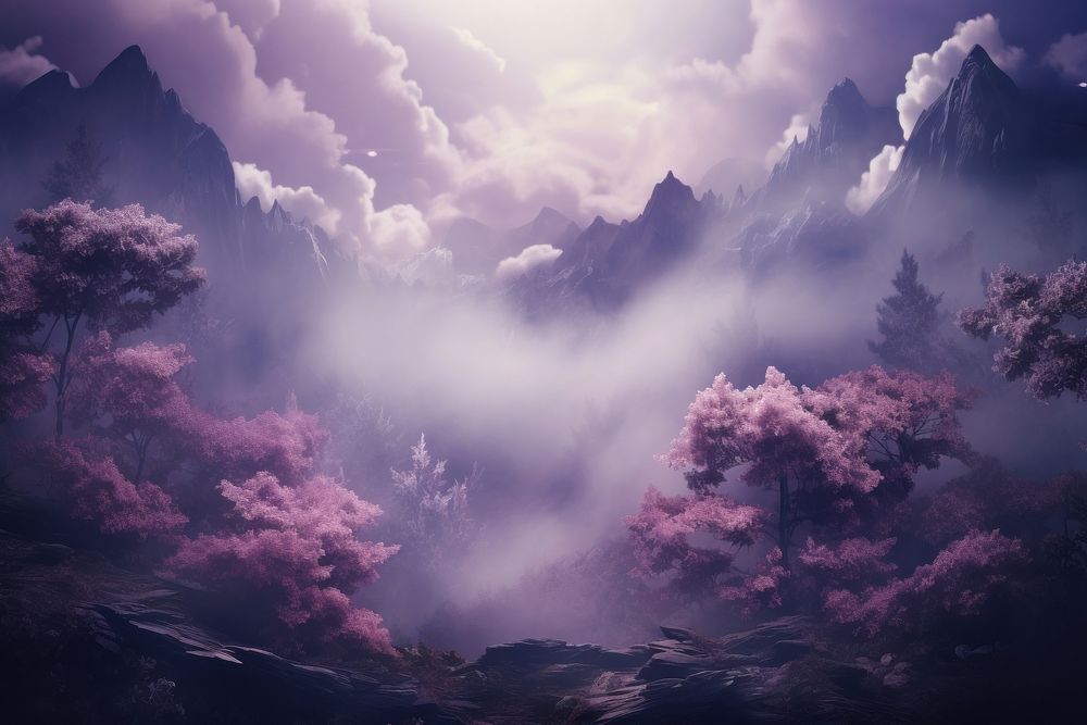 Magical purple forest mountain backgrounds landscape outdoors. AI generated Image by rawpixel.