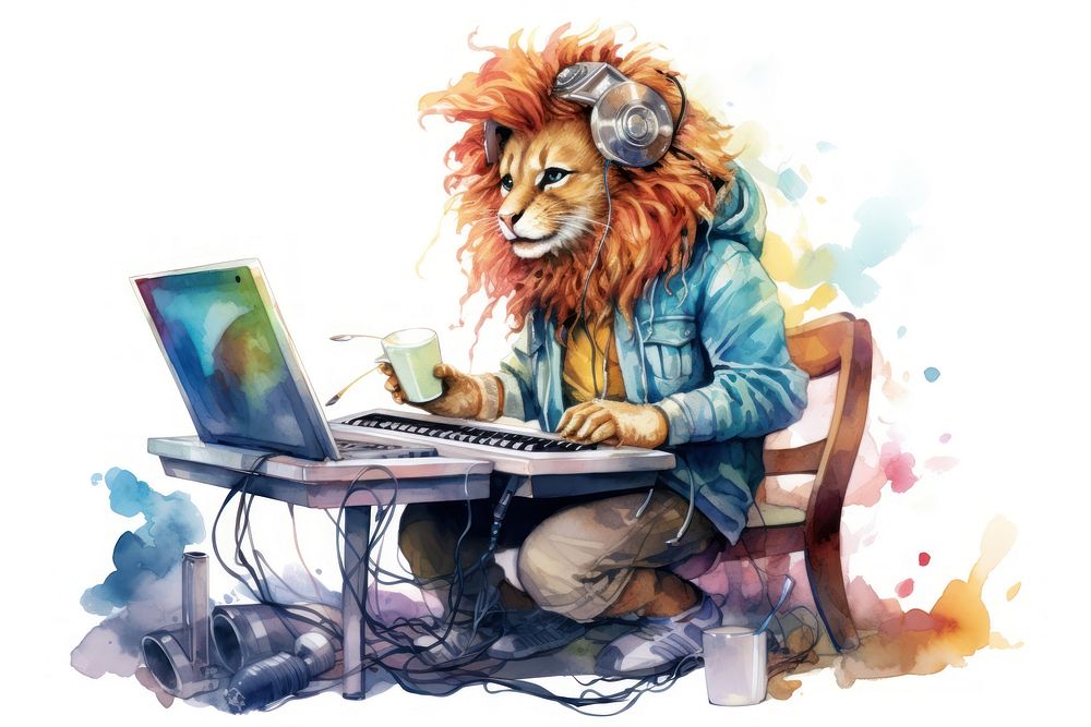 Lion character playing keyboard computer laptop mammal. AI generated Image by rawpixel.