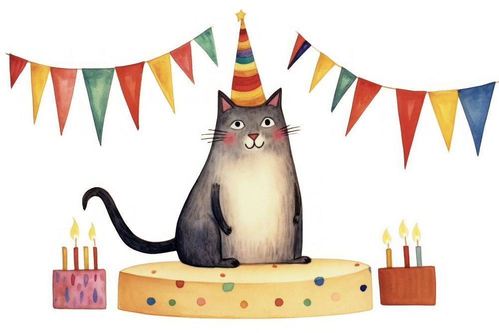 Kitty cat characters wearing party hat animal mammal cake. 