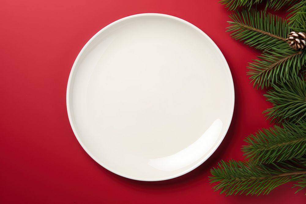 Plate mockup white Christmas tableware. 